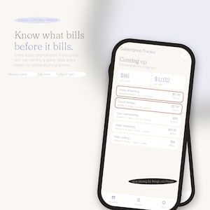 Może przedstawiać: Smartfon wyświetlający interfejs aplikacji do śledzenia subskrypcji z listą nadchodzących rachunków, miesięcznymi i rocznymi sumami oraz powiadomieniami o odnowieniu. Na ekranie widoczny jest tekst "Know what bills before it bills".