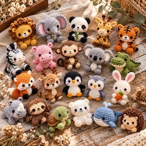 May include: A collection of twenty small, crocheted animal figures including a lion, elephant, panda, giraffe, tiger, zebra, hippo, monkey, koala, crocodile, fox, deer, penguin, owl, rabbit with a carrot, rhino, sloth, turtle, bear, and whale.