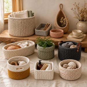May include: A collection of various crocheted storage baskets in neutral tones including cream, sage green, charcoal grey, and mustard yellow. The set features round, oval, and square shapes, some with leather handles, containing items like yarn, plants, and brushes.