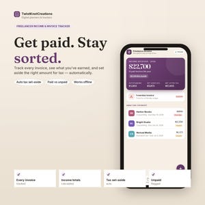 May include: A digital freelancer income and invoice tracker app interface displayed on a smartphone. The screen shows financial data including income received, tax set-asides, and a list of invoices labelled Harbor Books, Bright Studio, and Nomad Media.