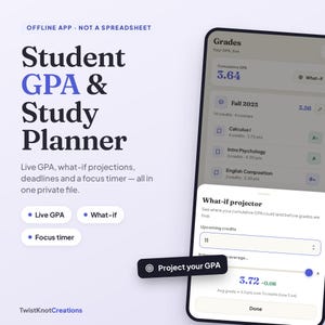 May include: A digital student GPA and study planner app interface displayed on a smartphone screen. The screen shows a grades dashboard with a cumulative GPA of 3.64, course lists, and a What-if projector tool for calculating potential GPA outcomes.