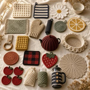 Puede incluir: Una colección de diversos artículos de cocina tejidos a ganchillo, incluyendo posavasos, una funda para tetera, una funda para taza, una pequeña bolsa, un agarrador, un guante y una cesta. Los objetos presentan formas, texturas y colores variados.