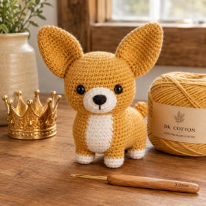 Könnte beinhalten: Ein handgehäkelter Corgi-Hund mit großen Ohren, schwarzen Augen und einer weißen Brust. Eine goldene Krone, ein Knäuel DK Cotton-Garn und eine Häkelnadel sind ebenfalls sichtbar. Der Corgi ist etwa 15 cm groß.