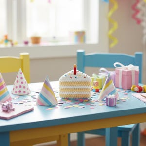 Puede incluir: Una porción de pastel de ganchillo con una vela encendida se encuentra sobre una mesa azul, rodeada de gorros de fiesta, confeti y regalos envueltos. El pastel tiene glaseado blanco con chispas y capas amarillas y blancas. Una escena festiva de cumpleaños.