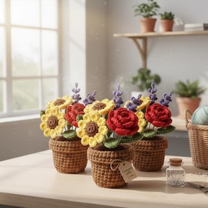 Peut inclure: Arrangements de fleurs crochetées dans des pots bruns. Les arrangements comprennent des tournesols jaunes, des roses rouges et de la lavande violette. Chaque pot porte une étiquette indiquant "Handmade with Love". Les fleurs sont posées sur une surface en bois clair.
