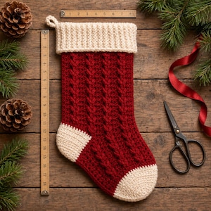 May include: A red and cream crochet Christmas stocking with a cable knit pattern, a ribbed cuff, and a loop for hanging. A wooden ruler placed alongside the stocking shows a length of approximately 8.5 inches from the top to the heel.