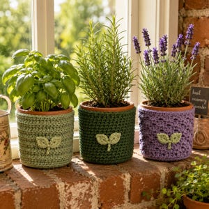 Può includere: Tre piante in vaso con coperture all'uncinetto. Il vaso a sinistra contiene basilico verde chiaro, quello centrale rosmarino in una copertura verde scuro e quello a destra lavanda in una copertura viola. Ogni copertura ha una foglia applicata.