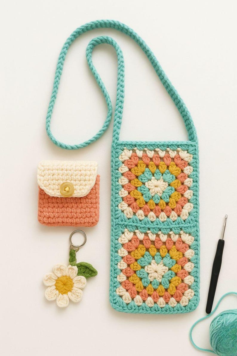 Granny Phone Sling with Earbud Pouch crochet pattern listing photo by TwistKnotCreations