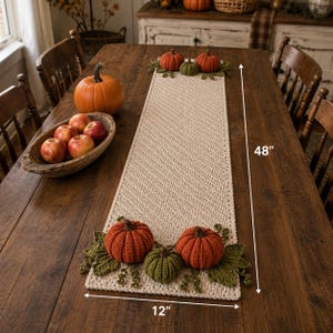 Patrón de ganchillo PDF para camino de mesa con diseño de calabazas, apliques de calabaza 3D para decoración de mesa otoñal, estilo cottagecore para Acción de Gracias.