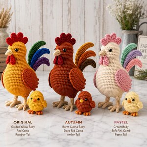 May include: Crocheted rooster and chick figurines in three color schemes: golden yellow with a rainbow tail, burnt sienna with an amber tail, and cream with a pastel tail. Each rooster has a red or pink comb. The text reads "ORIGINAL", "AUTUMN", and "PASTEL".