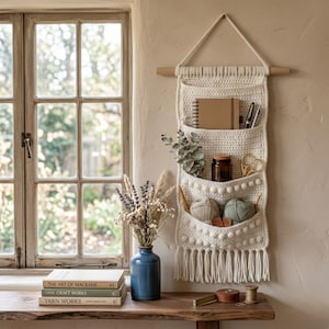 May include: A cream-colored macrame wall organizer with three pockets, a wooden dowel, and a fringe bottom. The pockets hold a notebook, pens, a jar, scissors, yarn, and other craft supplies. A vase of dried flowers and books sit on a wooden shelf.
