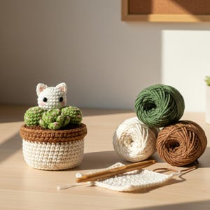 May include: A handmade crochet cat succulent in a brown and cream pot. The cat is white with black eyes and green succulent leaves. Yarn balls in green, cream, and brown are next to a crochet hook and a small square of crocheted fabric.