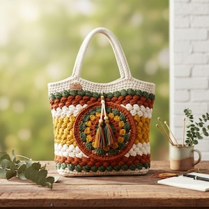 May include: A handmade crochet tote bag with a cream-colored handle and base. The bag features horizontal stripes in shades of green, yellow, white, and brown. A circular, decorative element with a tassel hangs from the front. The bag is on a wooden surface.