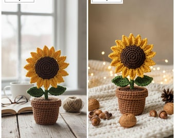 Schema all'uncinetto per girasoli amigurumi / Vaso di fiori per principianti (download digitale)