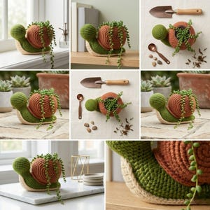 Puede incluir: Una maceta de caracol hecha a mano con ganchillo en tonos verdes, marrones y crema. La concha del caracol es una maceta llena de una planta colgante. La maceta es un artículo decorativo único.