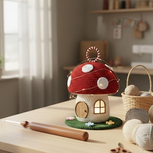 May include: A handcrafted crochet mushroom lamp with a red cap and white spots. The lamp features a white base with a small wooden door and window. Fairy lights are wrapped around the cap. The lamp rests on a green base with small flowers.