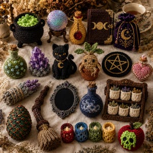 May include: A collection of crocheted items including a black cauldron with green contents, a crystal ball, potion bottles, a black cat, a mandrake in a pot, a pentacle, a purple pouch, a mirror, a broom, a shelf with plants, and a skull apple.
