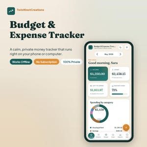 May include: A smartphone screen displays a budget and expense tracker app interface. The app shows income, spending, and budget usage, with a pie chart illustrating spending by category. Text on the screen reads "Budget & Expense Tracker."