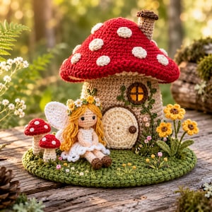 May include: A crochet mushroom house with a red cap and white spots, featuring a round door and window. A crochet fairy with long yellow hair, a white dress, and wings sits on a green base next to two small red mushrooms and yellow flowers.