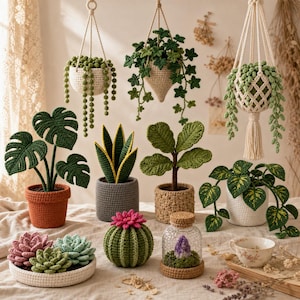 Op de afbeelding: Een verzameling van diverse gehaakte planten, waaronder hangende plantenbakken met hangende ranken, een monstera, een sansevieria, een vioolbladplant, een pothos, een cactus met een roze bloem en vetplanten in een witte kom.