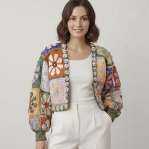 Op de afbeelding: Een kleurrijk patchwork gehaakt jasje met bloemmotieven. Het jasje heeft een mix van vierkanten in verschillende kleuren, waaronder oranje, groen, blauw en roze. De mouwen zijn lang en het jasje is kort. De afwerking is lichtgroen.