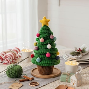 Könnte beinhalten: Ein handgefertigter grüner gehäkelter Weihnachtsbaum mit bunten Kugeln und einem gelben Stern als Spitze. Der Baum steht in einem braunen Topf auf einem Holztablett. Eine festliche Weihnachtsdekoration.