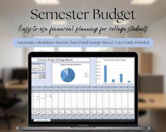 May include: A laptop displaying a "Semester Budget" spreadsheet, designed for college students. The screen shows a pie chart, bar graphs, and a table with financial data. Text includes "Easy-to-use financial planning" and "Automatic calculation."