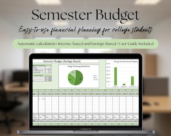 May include: A MacBook Pro laptop displaying a semester budget spreadsheet. The screen shows a financial planning template with charts and tables. Text on the screen includes "Semester Budget" and "Easy-to-use financial planning for college students."