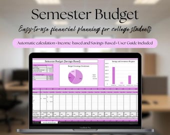 May include: A MacBook Pro displays a "Semester Budget" spreadsheet with pink and white elements. The text reads "Easy-to-use financial planning for college students." Features include automatic calculation, income-based, savings-based, and a user guide.