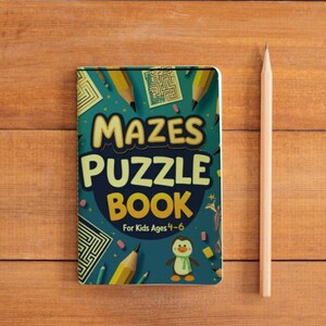 May include: A blue and green book with the title "Mazes Puzzle Book" and the text "For Kids Ages 4-6". The cover features a penguin, pencils, and maze patterns.