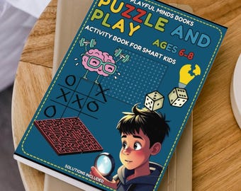 Puede incluir: Un libro de actividades azul con el título "Puzzle and Play" para niños de 6 a 8 años. La portada presenta un cerebro de dibujos animados con pesas, un tablero de tres en raya, un laberinto, dados y una bombilla. El libro incluye soluciones.