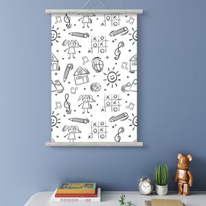 Niedliche Kinder Doodle Art | Schwarz weiß druckbare Poster | Glückliche Kinder, Sonnen, Bleistifte, Spiele Handgezeichnete Kunst | Spielzimmer und Klassenzimmer Dekor
