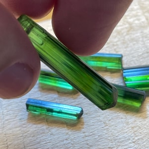 Pode incluir: Vários cristais de turmalina verdes, alongados e translúcidos, com estrias verticais distintas ao longo do seu comprimento. Os cristais exibem um tom esmeralda vibrante e uma forma prismática, com uma peça mantida na vertical.