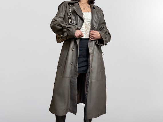 Trench en cuir véritable vintage marron oversize manteau long