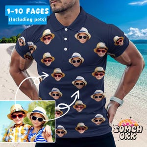 May include: A navy blue polo shirt with a repeating pattern of faces. The shirt has a button-up collar and short sleeves. The text "1-10 FACES (Including pets)" is printed on the shirt.
