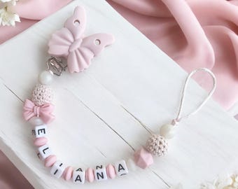Attache-tétine avec prénom fille en silicone personnalisée papillon rose blanc