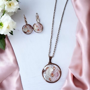 Jewelry set earrings necklace stainless steel rose gold with dried flowers gift women