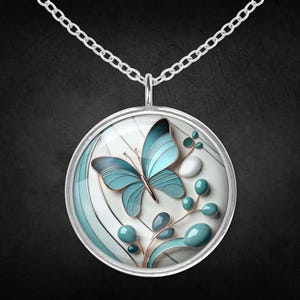 Necklace with butterfly pendant chain silver stainless steel blue white