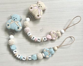 Pacifier chain with name silicone girl boy bear
