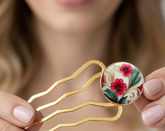 Haarspeld, knotspeld, gouden haarvork, haarspeld met bloemen, metaal, glas