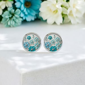 Flower earrings silver turquoise blue stainless steel stud earrings