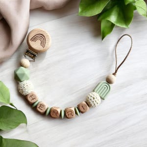Pacifier chain with name wooden silicone personalized rainbow crochet beads