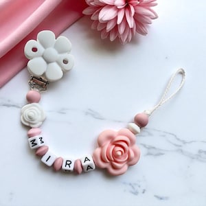 Pacifier chain with name girl silicone personalized flower pink