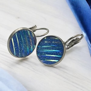 Handmade earrings hanging silver blue stainless steel earrings