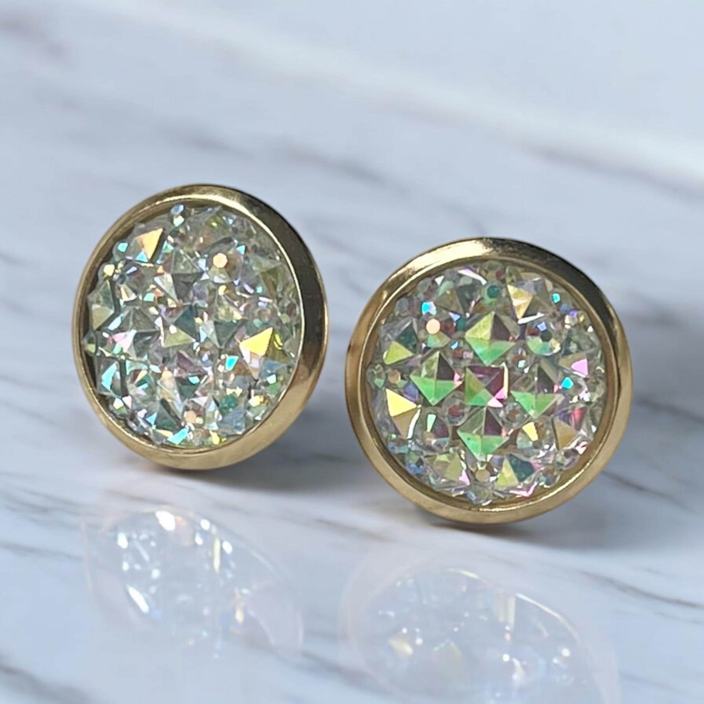 Boucles d'oreilles à tige faites à la main en acier inoxydable à paillettes dorées