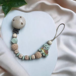 Pacifier chain with name wooden natural with crochet beads silicone