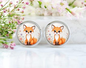 Monkimau Orecchini A Bottone Con Volpe Smaltata In Argento 925 - Ipoallergenici, Fatti A Mano, 8x20 Mm, Regalo Per Bambine E Donne