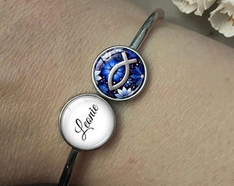 Communiearmband cadeau, zilverkleurige roestvrijstalen armband, Ichthys-visontwerp, gepersonaliseerd