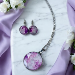 Handmade jewelry set earrings necklace with marble design silver purple stainless steel unique