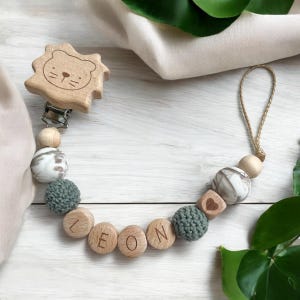 Pacifier chain with name personalized with crochet beads natural wood